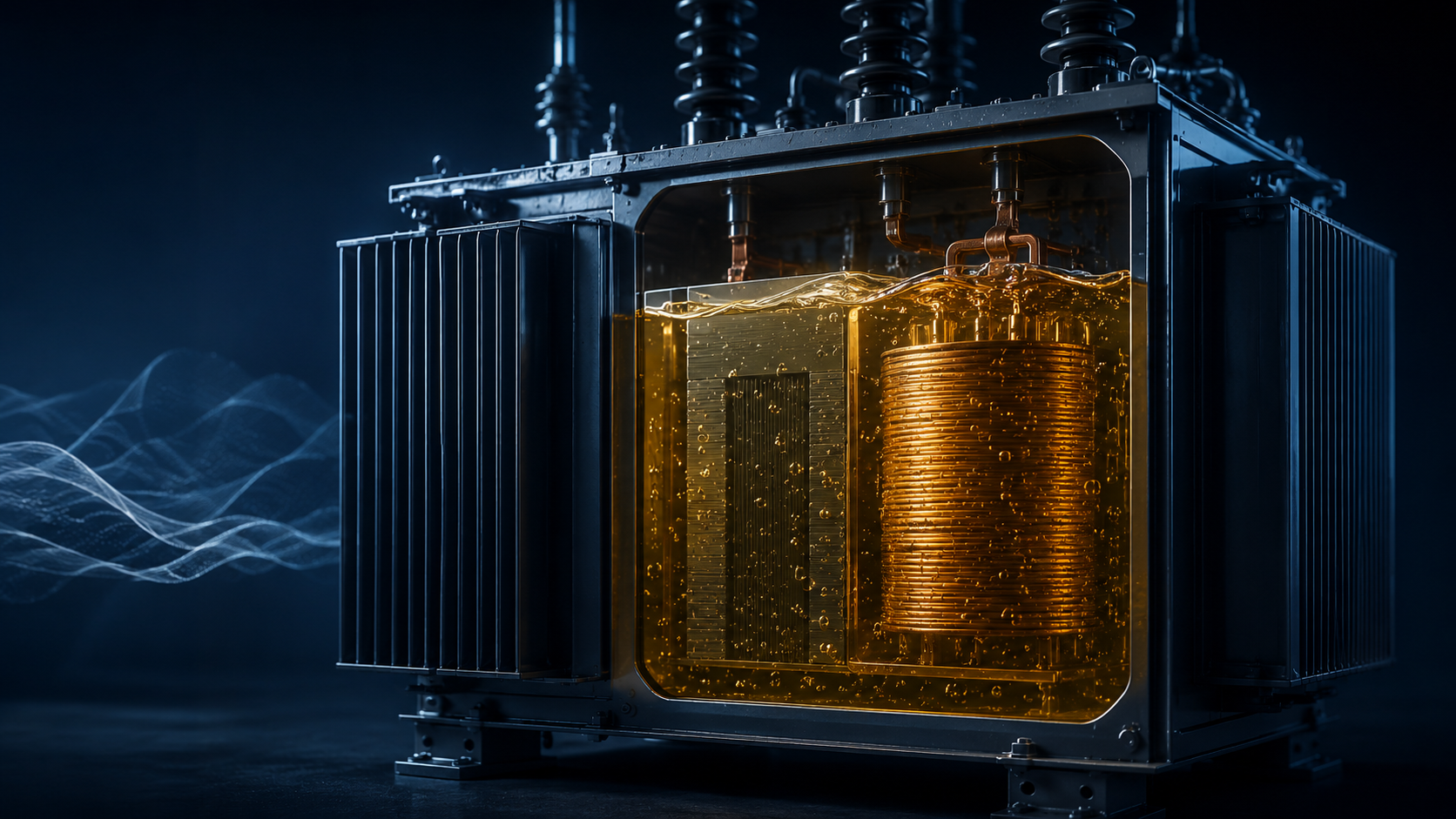 Cutaway transformer visual showing oil and winding structure