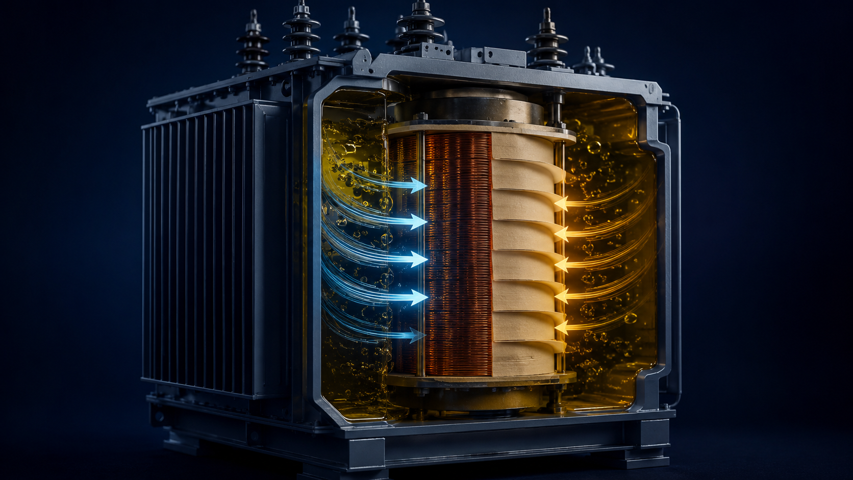 Transformer cross section with flow arrows through insulation layers