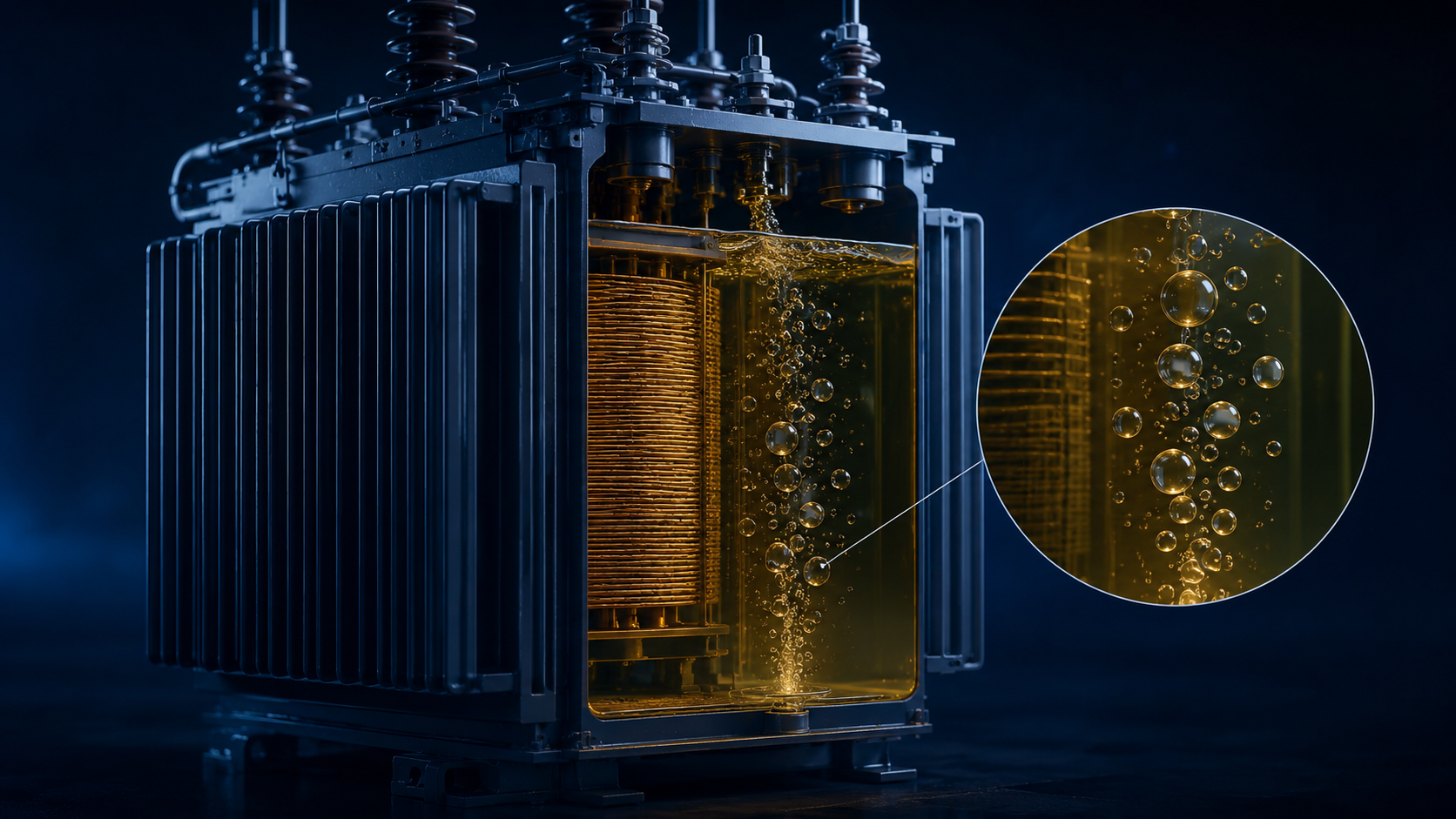 Transformer illustration highlighting gas bubble formation in insulating oil