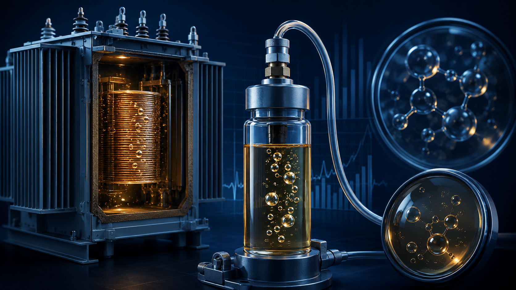 Transformer diagnostic sample vial with molecular analysis graphics