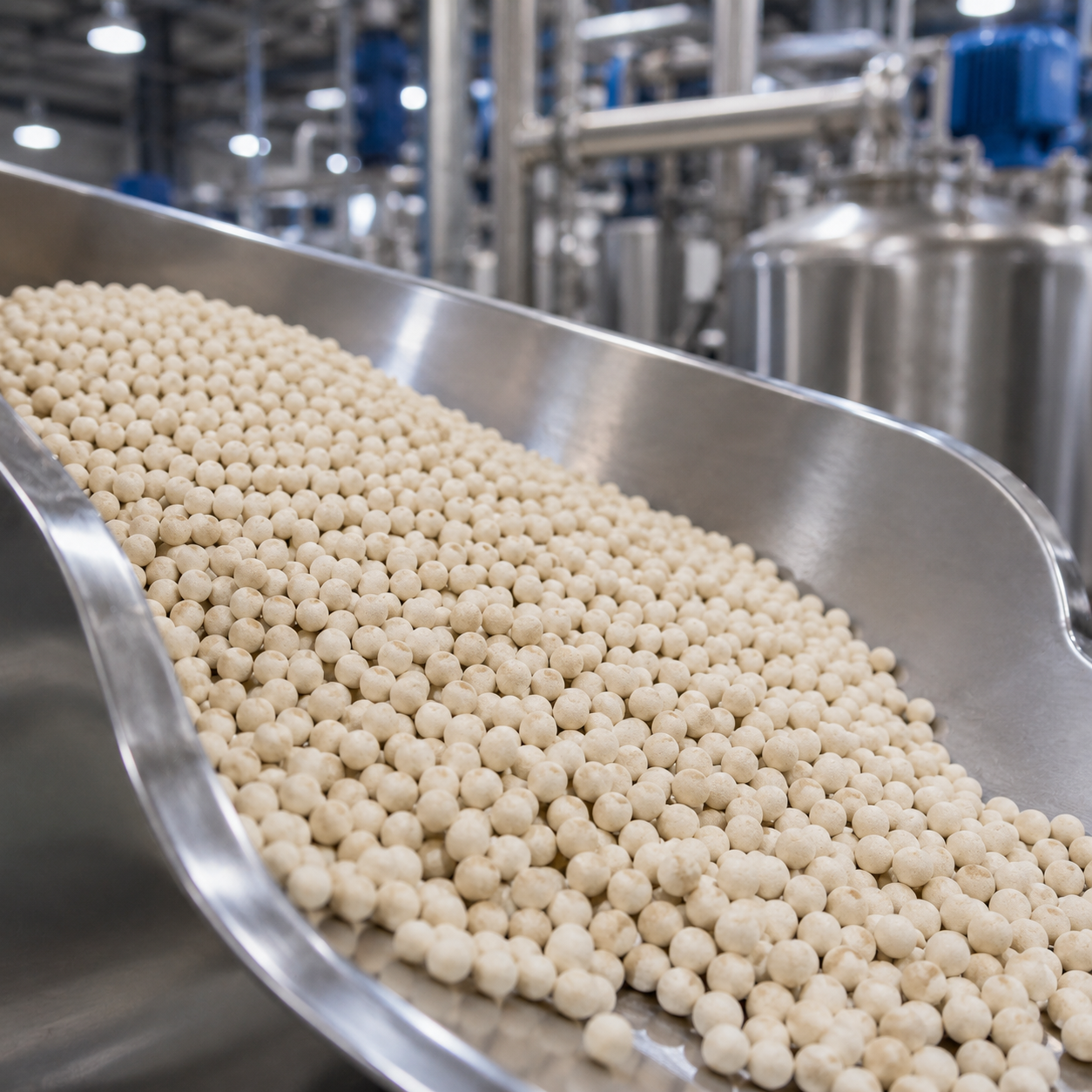 Molecular sieve beads on a stainless steel processing line